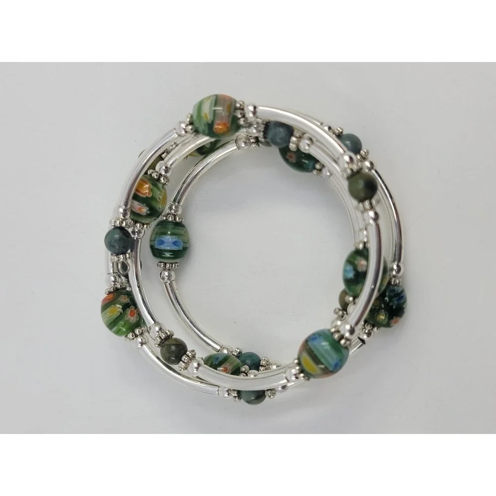 Silver Tone PaintedFloral Art Glass Bead Wrap Coil Bracelet Stone Accents